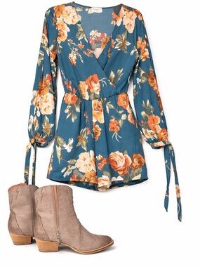 Floral Teal Long-Sleeve Wrap Romper